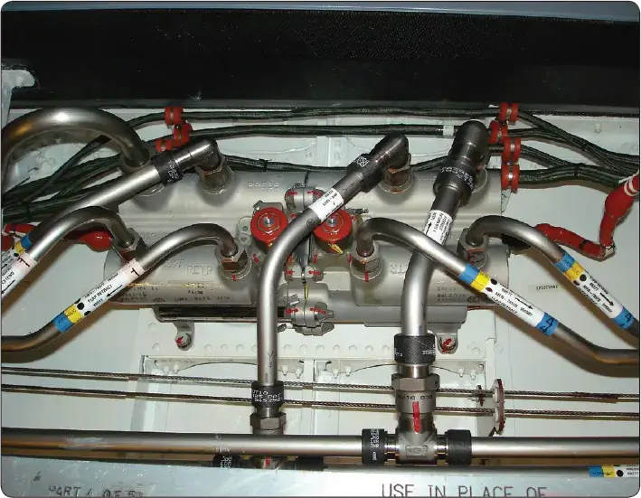 Four-way servo control valve regulating hydraulic fluid flow and actuator movement in an aircraft hydraulic system