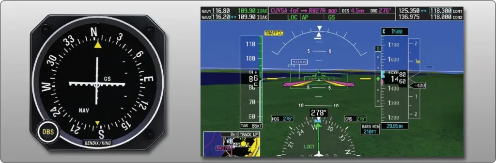 Traditional CDI and Garmin G1000 PFD showing glideslope and localizer deviation during an ILS approach