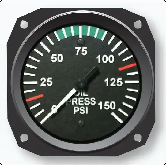 Analog aircraft oil pressure gauge using a Bourdon tube to monitor engine oil pressure
