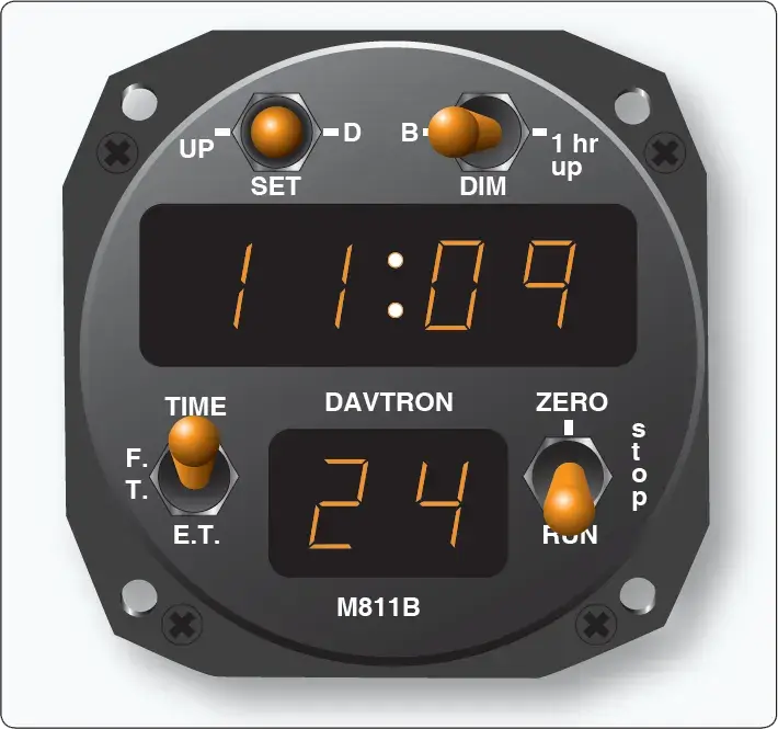 Typical electronic aircraft clock used for cockpit timekeeping and flight timing