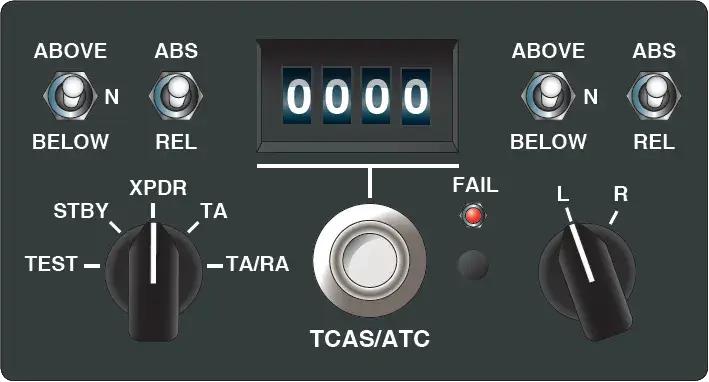 Boeing 767 transponder control panel used for ATC identification and TCAS traffic monitoring