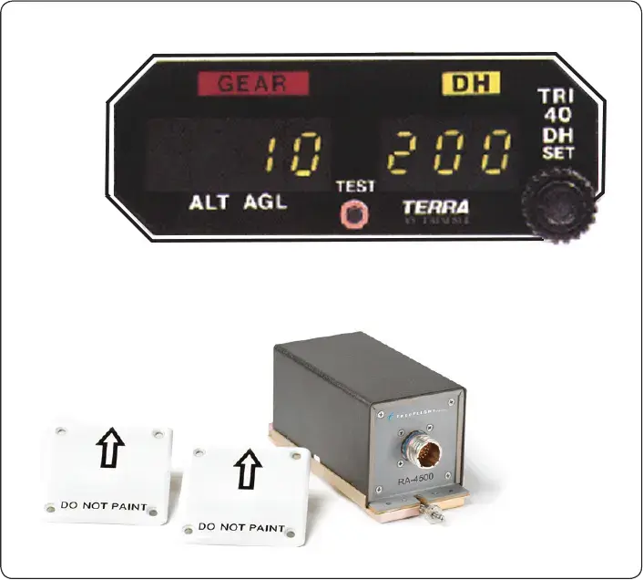 A digital display radio altimeter (top), and the two antennas and transceiver for a radio/radar altimeter (bottom)
