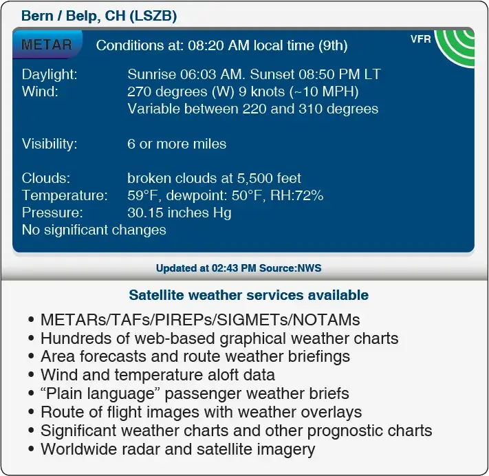 Plain-language METAR weather report received by satellite in the cockpit, followed by available weather data services for aircraft pilots
