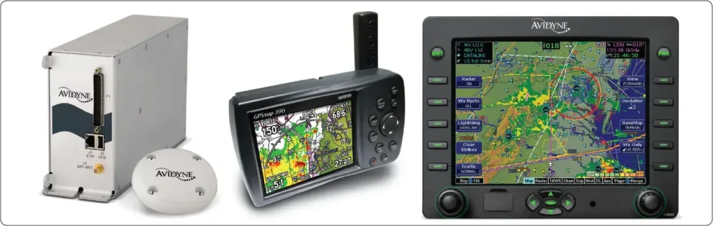 Satellite weather receiver and antenna with cockpit displays showing real-time textual and graphical weather information and navigation data