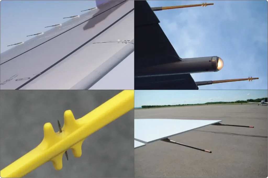 Aircraft static dischargers dissipating built-up static energy at points away from avionics antennas to reduce radio interference
