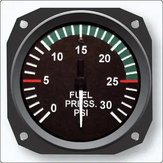 Typical analog aircraft fuel pressure gauge used to monitor fuel system pressure