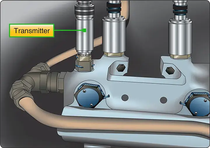 Hydraulic pressure transmitter converting fluid pressure into an electrical signal for cockpit indication or computer processing