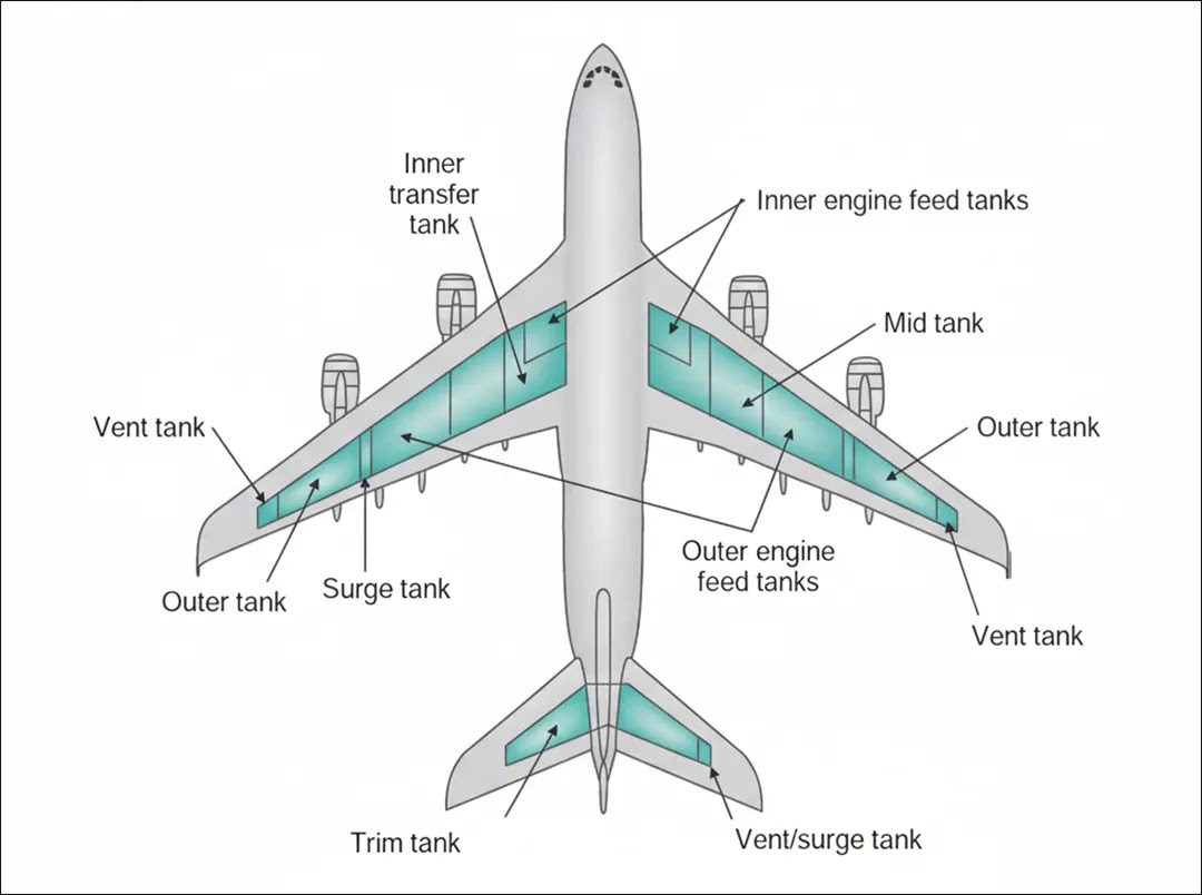 Airbus A380-800 fuel tank arrangement showing the locations of the aircraft’s integral wing and center fuel tanks