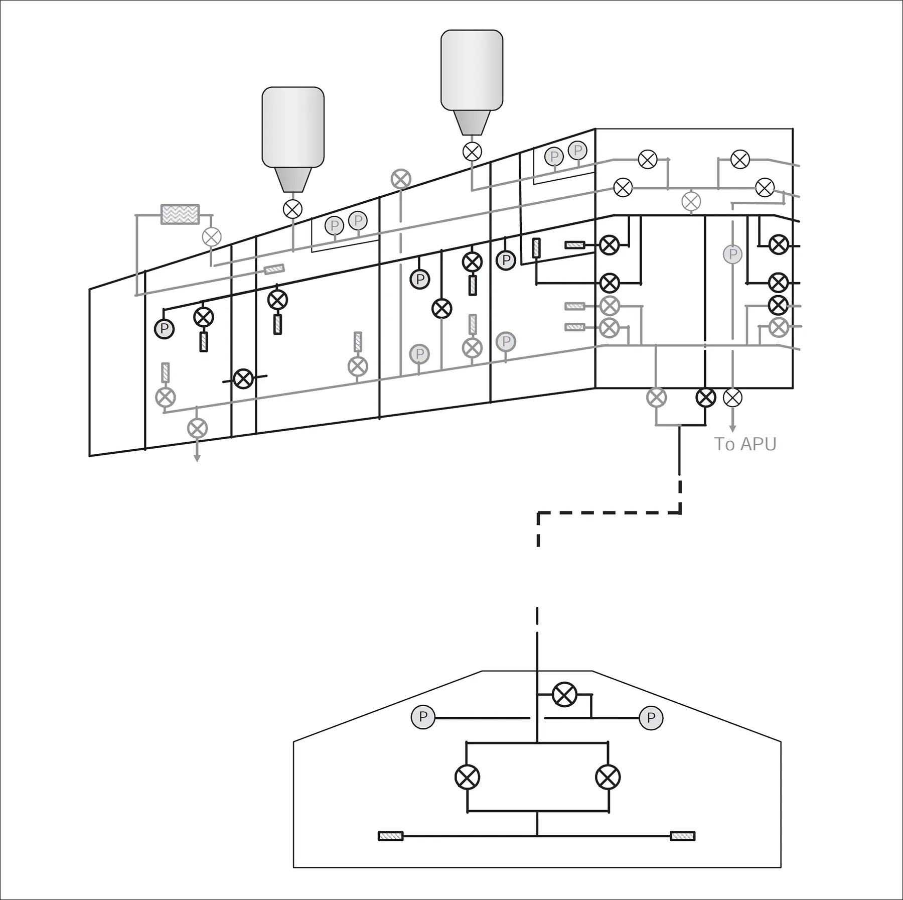 Airbus A380-800 fuel transfer system showing fuel flow paths, transfer pumps, valves, and tank connections