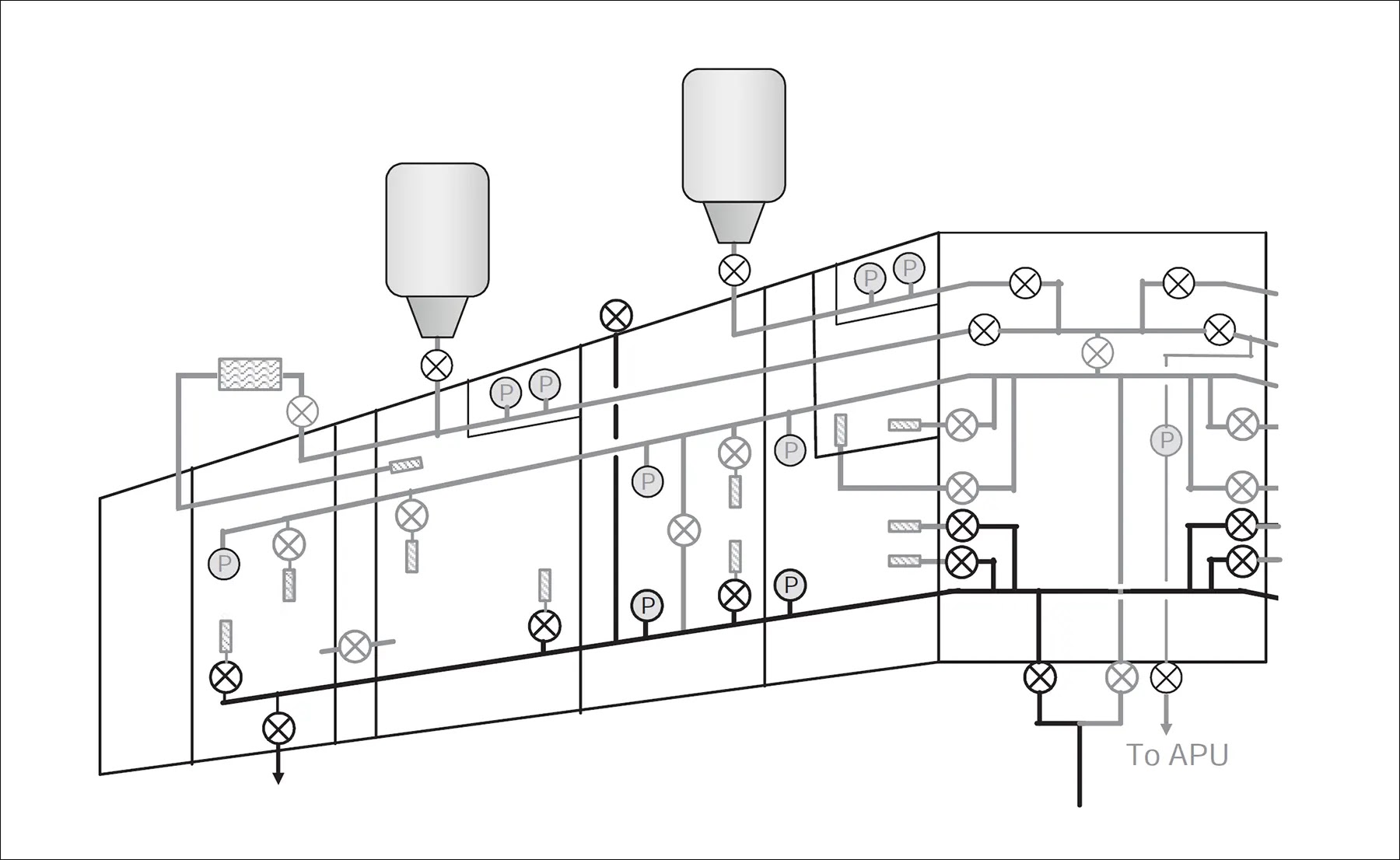 Airbus A380-800 fuel jettison system schematic showing fuel dump lines, valves, and overboard discharge points