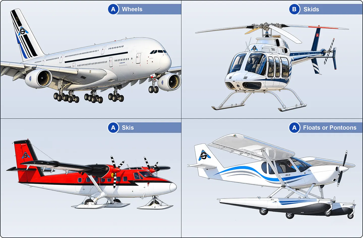 Basic aircraft landing gear types: wheels, skids, skis, and floats