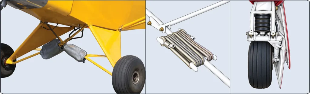 Bungee cord landing gear on a Piper Cub and donut-type rubber shock system on a Mooney aircraft