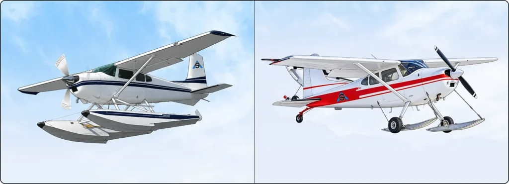 Aircraft with retractable landing gear: amphibious aircraft with wheels and aircraft with retractable skis