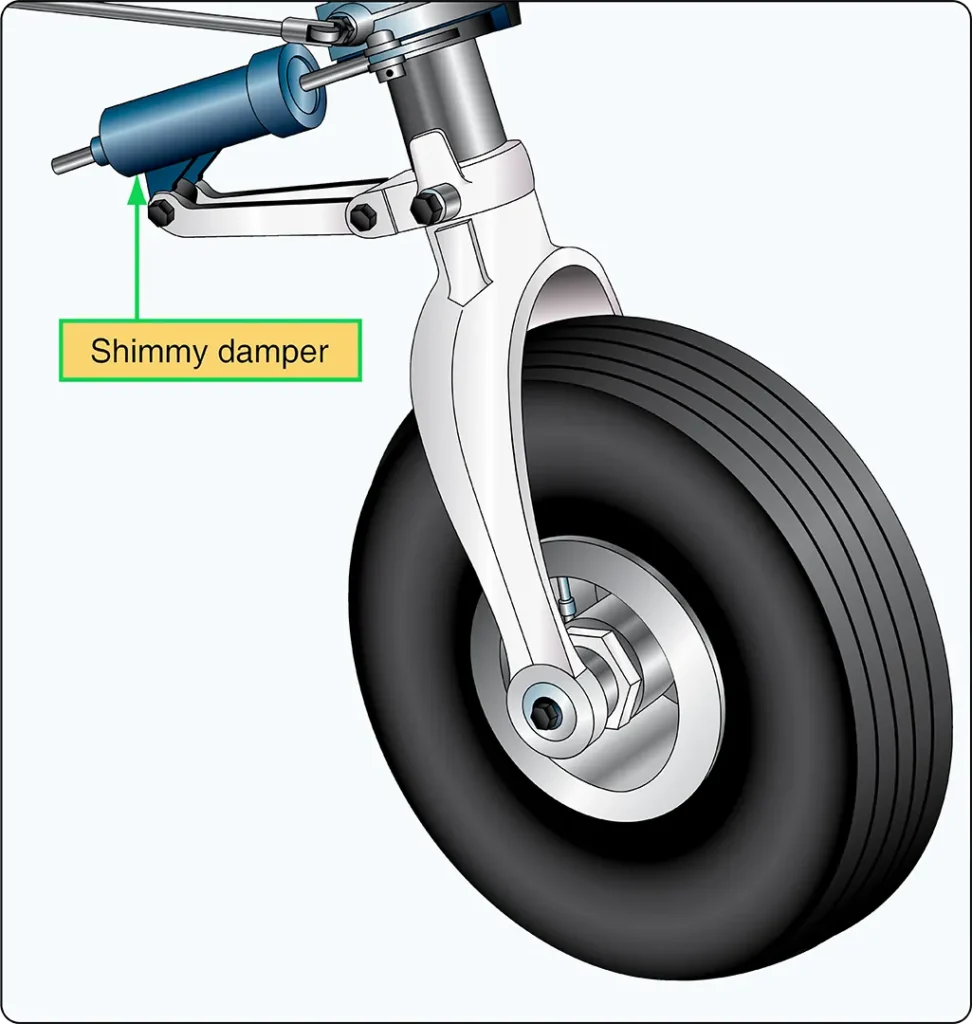 Nose landing gear shimmy damper used to reduce wheel and strut oscillations