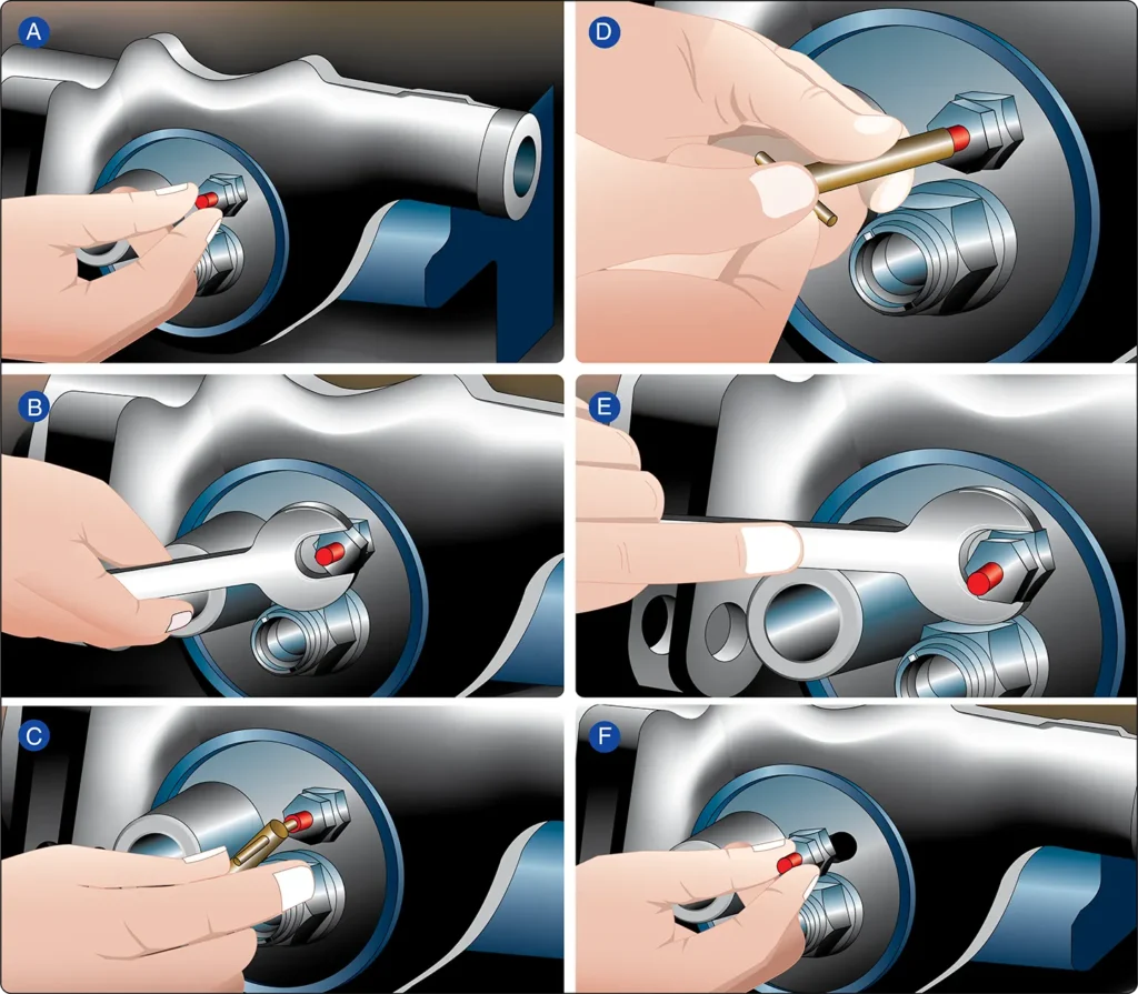 Landing gear shock strut servicing sequence showing air release, service valve removal, and hydraulic fluid filling