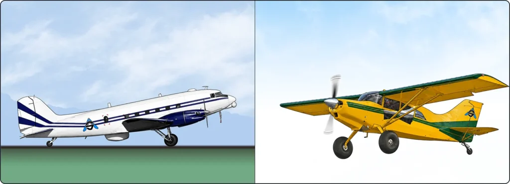 Tailwheel landing gear configurations on a DC-3 and Maule MX-7-235 Super Rocket