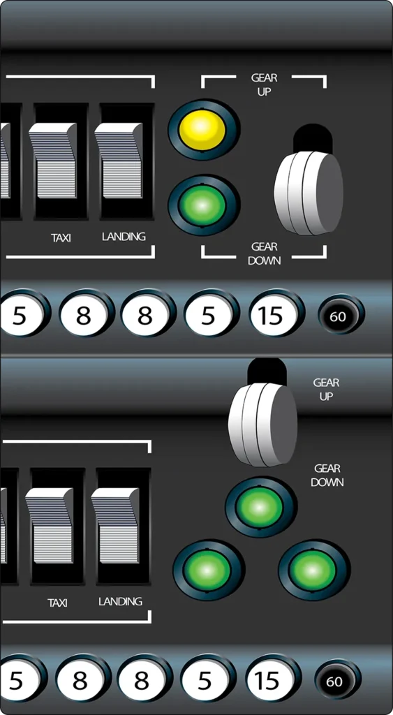 Small aircraft landing gear lever and indicator lights displaying the position of the landing gear