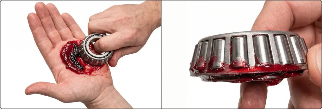 Hand-packing grease into an aircraft landing gear bearing by pressing the rollers through grease around the inner race
