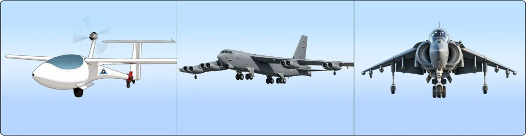 Tandem landing gear on a sailplane, B-52 bomber, and Harrier VTOL aircraft