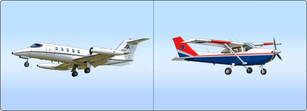 ricycle landing gear on a Learjet with dual main wheels and a Cessna 172