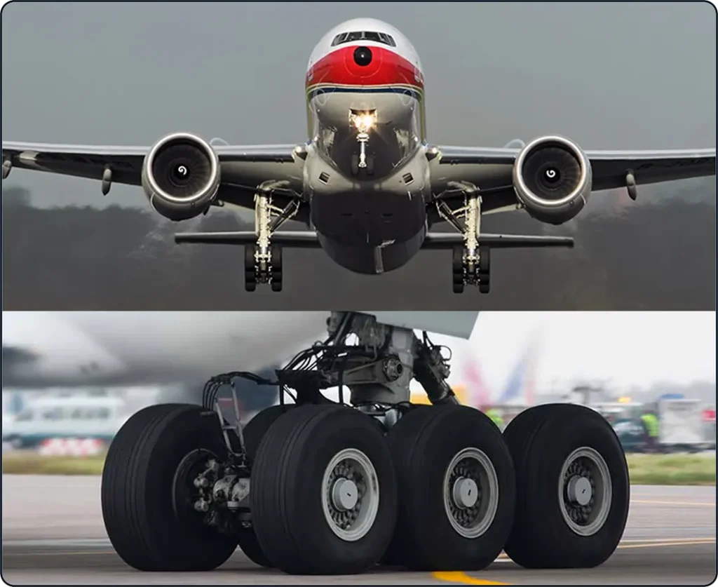 Boeing 777 main landing gear showing three wheel assemblies mounted on a bogie