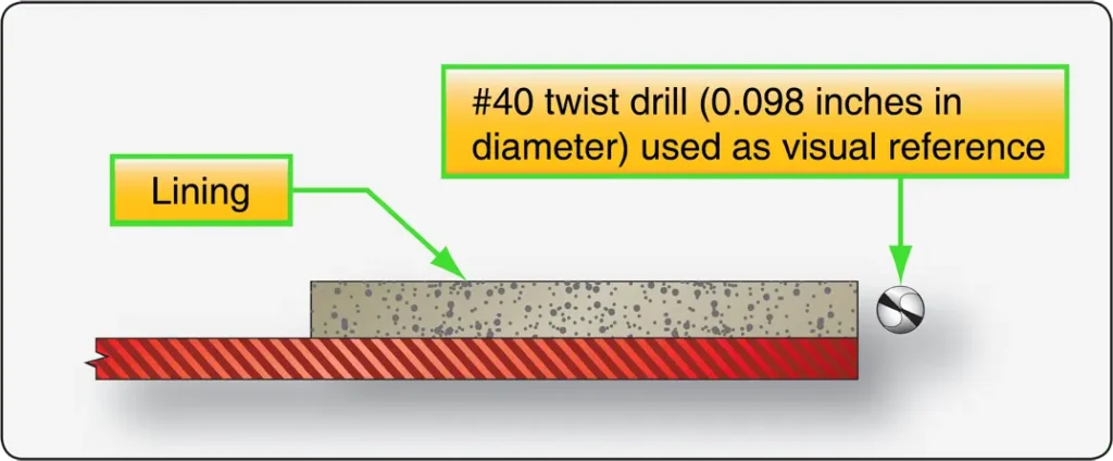 Cleveland brake lining thickness checked against a #40 twist drill as a wear limit reference
