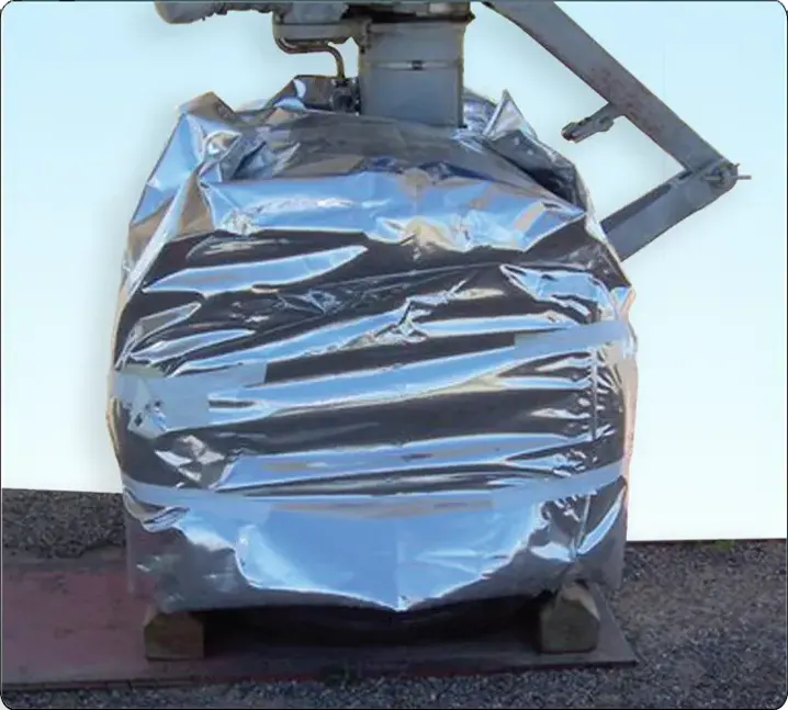 Aircraft tire covered with protective covers to shield it from chemicals, sunlight, and weather during extended outdoor parking