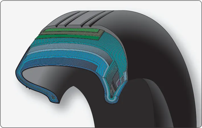 Bias-ply aircraft tire showing angled fabric plies arranged across the tread and sidewall for flexibility and load absorption