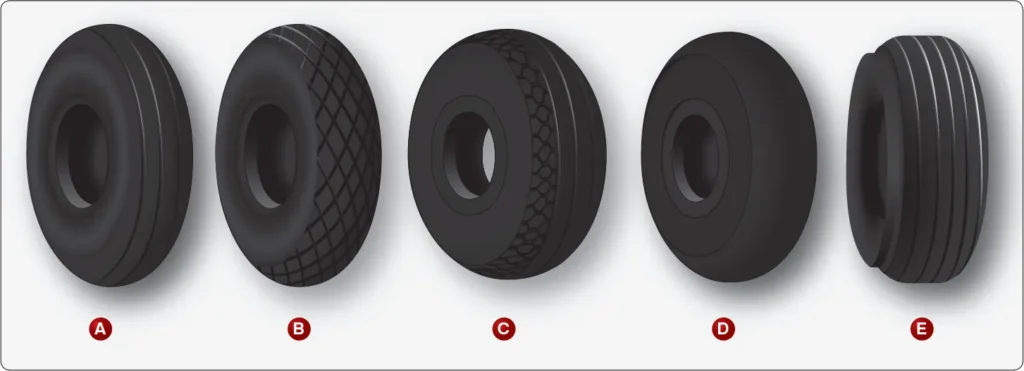 Aircraft tire tread designs including rib, diamond, all-weather, smooth, and chine patterns for different runway and aircraft applications