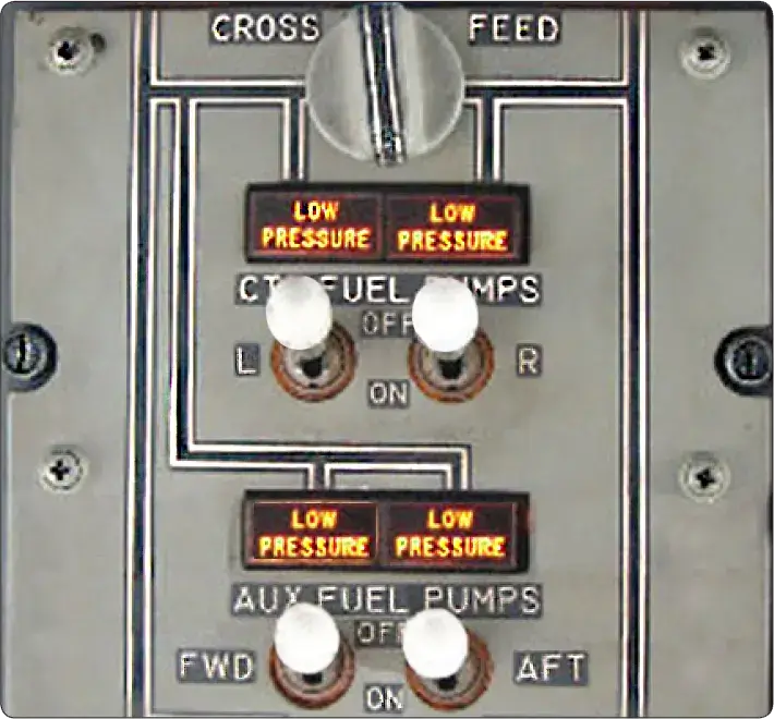 Transport category aircraft fuel panel with individual low-pressure warning lights for each fuel boost pump