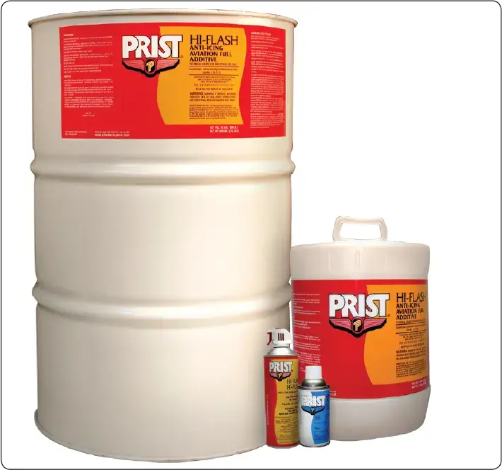 Aircraft fuel anti-icing additive, such as Prist®, shown as a treatment used to prevent ice formation from free water in fuel