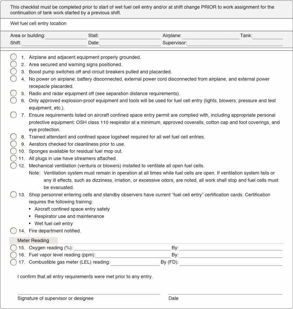 Aircraft fuel tank inspection checklist entry showing maintenance inspection items and recorded status