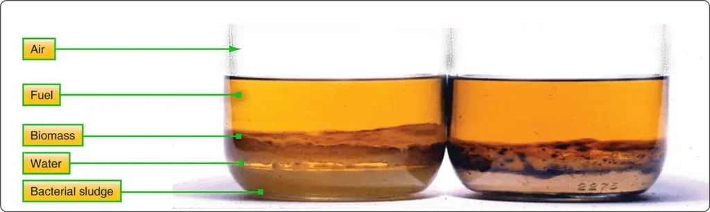 Fuel-water sample showing microbial growth at the interface between the fuel and water layers