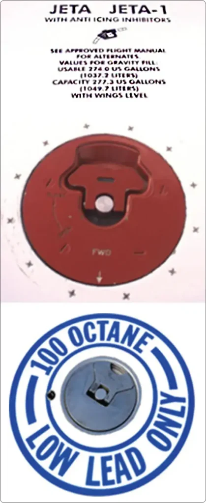 Aircraft fuel entry points marked with labels identifying the specified fuel type for the aircraft