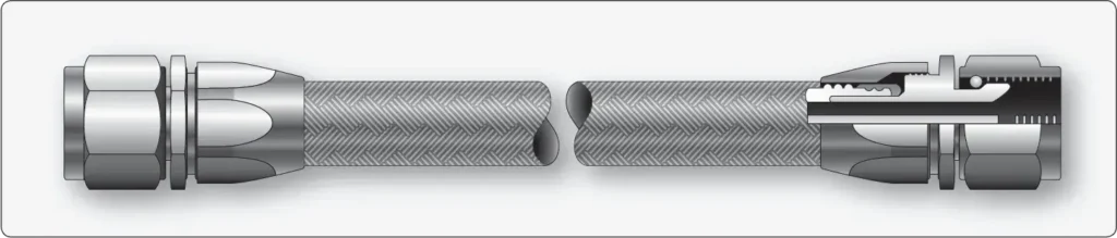 Braided stainless steel aircraft fuel line with end fittings for secure connection to fuel system components