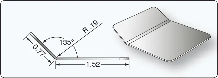 Open bend in aircraft sheet metal showing an angle greater than 90 degrees