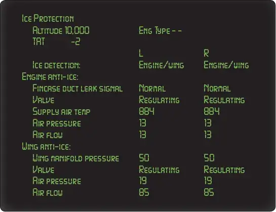 Ice protection onboard computer maintenance page showing system status, monitoring parameters, and maintenance information