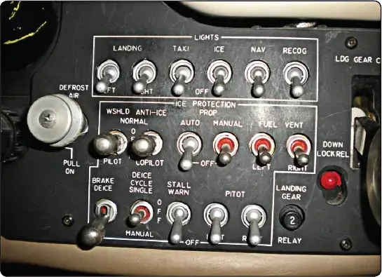Turboprop aircraft ice protection panel with controls and indicators for the pneumatic deicing boot system