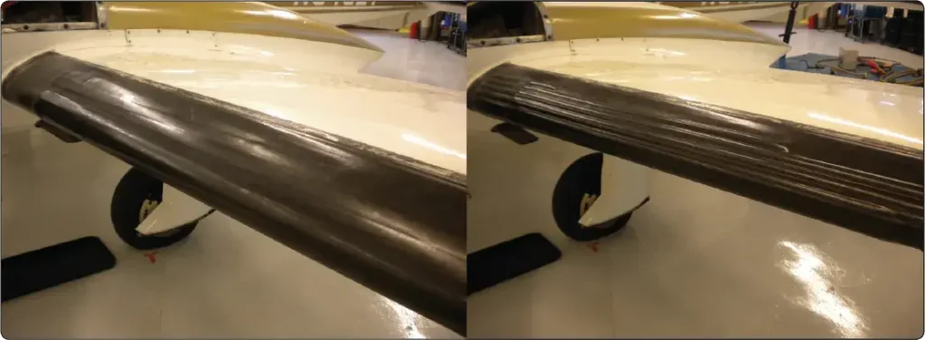 Aircraft deicing boots shown inflated on the left and deflated on the right