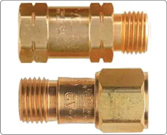 Check valves used in gas welding equipment to prevent reverse gas flow