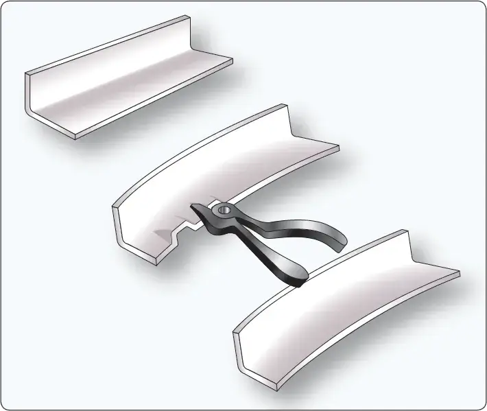 Crimping a metal flange to form a curved shape in aircraft sheet metal