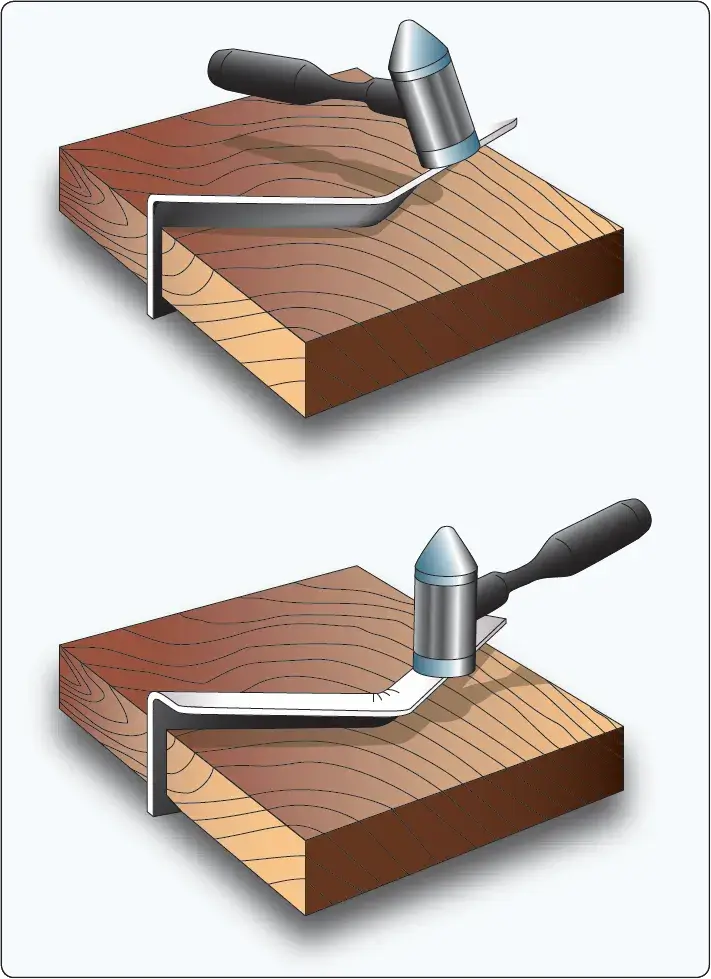 Stretching a flanged angle to form a curved aircraft sheet metal component