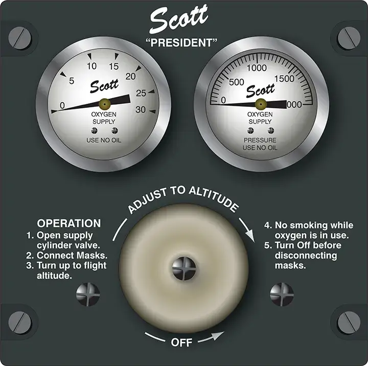 Manual continuous-flow oxygen regulator with an altitude-setting knob and gauge used by the pilot to adjust oxygen flow as altitude changes