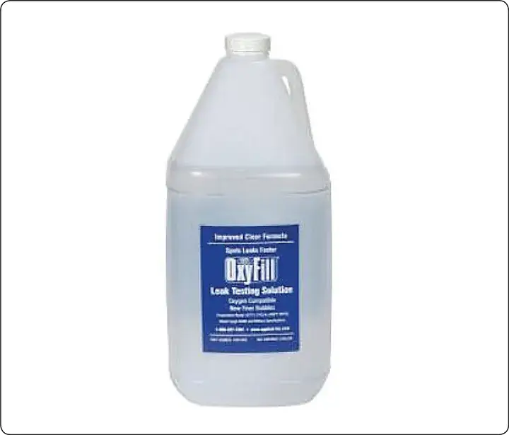 Solution applied to aircraft oxygen system components for detecting leaks during maintenance inspection