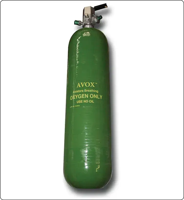 Aircraft oxygen cylinders labeled “Aviator’s Breathing Oxygen” for use in aviation oxygen systems