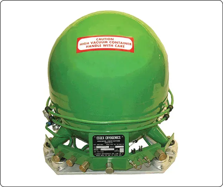 Spherical liquid oxygen container designed for onboard military aircraft oxygen systems