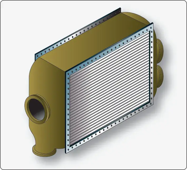 Primary and secondary heat exchangers in an aircraft air cycle system, showing finned coils used to cool bleed air with ram air
