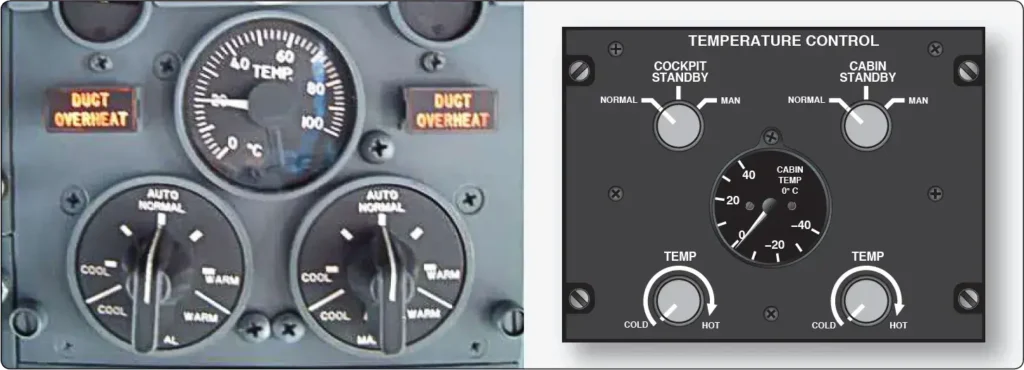 Aircraft cockpit temperature control panels showing typical temperature selectors for a transport aircraft and a business jet