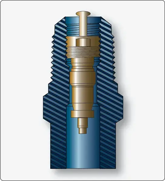 Cross-sectional view of an R12 refrigerant service valve showing its internal components and flow passages