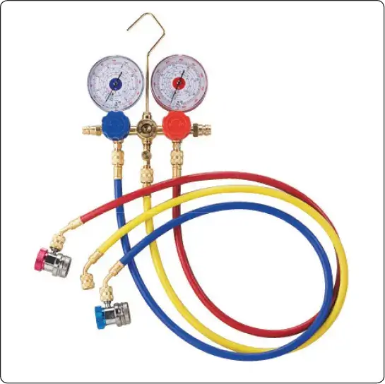Basic refrigerant manifold gauge set used for servicing and checking a vapor cycle air conditioning system